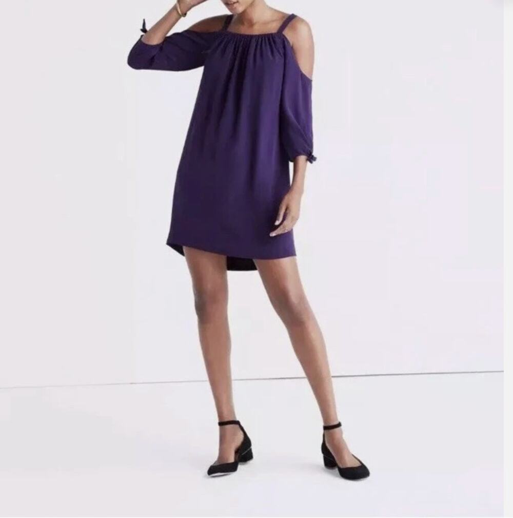 Madewell Womens 100% Silk Purple Cold Shoulder Tie Sleeve Mini Shift Dress 8